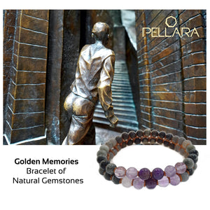 Gemstone Jewellery Set, Golden memories by Pellara. Made of Pyrite, Bronzite, Cat’s Eye, Hawk’s eye, Labradorite, Amethyst & silver