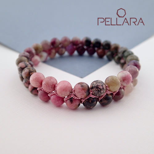 Chakra gemstone bracelet for The Heart Chakra, designed by Pellara. Made in Canada. Contains Rhodonite and Tourmaline crystals. 