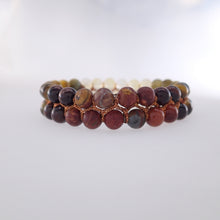 Load image into Gallery viewer, Chakra gemstone bracelet for The Solar Plexus (Navel) Chakra, designed by Pellara. Made in Canada. Contains BloodStone, Citrine and Tiger Eye crystals. 