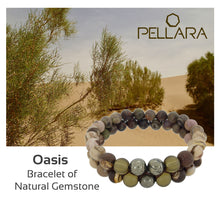 Load image into Gallery viewer, Gemstone bracelet by Pellara, Oasis, made of Pyrite, Smoky Quartz, Jasper &amp; Tiger eye. 6, 8 &amp; 10mm. The Crown, Third eye, Sacral &amp; Navel chakra, Aromatherapy