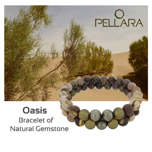 Gemstone bracelet by Pellara, Oasis, made of Pyrite, Smoky Quartz, Jasper & Tiger eye. 6, 8 & 10mm. The Crown, Third eye, Sacral & Navel chakra, Aromatherapy