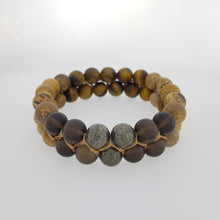 Load image into Gallery viewer, Gemstone Jewellery set by Pellara, Oasis, made of Pyrite, Smoky Quartz, Jasper &amp; Tiger eye. 6, 8 &amp; 10mm. The Crown, Third eye, Sacral &amp; Navel chakra, Aromatherapy