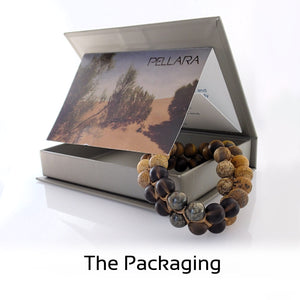 Gift Package for gemstone Jewellery set by Pellara, Oasis, made of Pyrite, Smoky Quartz, Jasper & Tiger eye. The Crown, Third eye, Sacral & Navel chakra