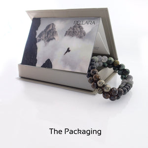 Gift Package for Gemstone bracelet by Pellara, myth of Phoenix ashes, made of Pyrite, Rutilated Quartz, Grey Quartz, Obsidian, Bronzite & Turquoise