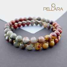 Load image into Gallery viewer, Chakra gemstone bracelet for The Sacral Chakra, designed by Pellara. Made in Canada. Contains BloodStone and Mookaite jasper crystals. 