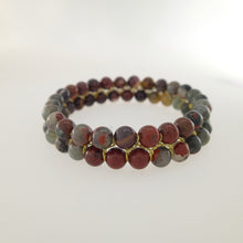 Load image into Gallery viewer, Chakra gemstone bracelet for The Sacral Chakra, designed by Pellara. Made in Canada. Contains BloodStone and Mookaite jasper crystals.