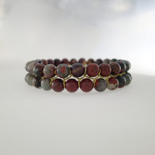 Load image into Gallery viewer, Chakra gemstone bracelet for The Sacral Chakra, designed by Pellara. Made in Canada. Contains BloodStone and Mookaite jasper crystals.