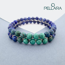 Load image into Gallery viewer, Chakra gemstone bracelet for The Third Eye Chakra, designed by Pellara. Made in Canada. Contains Malachite, Azurite Malachite, Lapis Lazuli and Sodalite crystals.