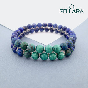 Chakra gemstone bracelet for The Third Eye Chakra, designed by Pellara. Made in Canada. Contains Malachite, Azurite Malachite, Lapis Lazuli and Sodalite crystals.