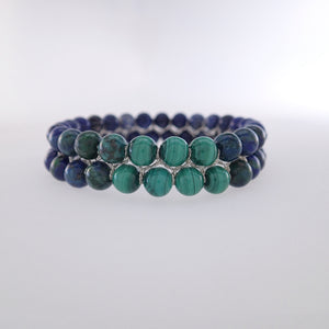 Chakra gemstone bracelet for The Third Eye Chakra, designed by Pellara. Made in Canada. Contains Malachite, Azurite Malachite, Lapis Lazuli and Sodalite crystals.
