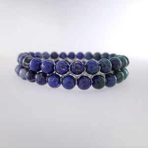Chakra gemstone bracelet for The Third Eye Chakra, designed by Pellara. Made in Canada. Contains Malachite, Azurite Malachite, Lapis Lazuli and Sodalite crystals.