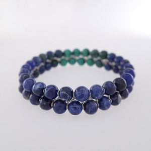 Chakra gemstone bracelet for The Third Eye Chakra, designed by Pellara. Made in Canada. Contains Malachite, Azurite Malachite, Lapis Lazuli and Sodalite crystals.