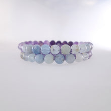 Load image into Gallery viewer, Chakra gemstone bracelet for The Throat Chakra, designed by Pellara. Made in Canada. Contains Amethyst, Aquamarine &amp; Beryl crystals. 