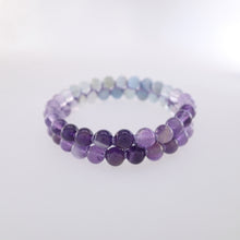 Load image into Gallery viewer, Chakra gemstone bracelet for The Throat Chakra, designed by Pellara. Made in Canada. Contains Amethyst, Aquamarine &amp; Beryl crystals. 