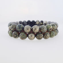 Load image into Gallery viewer, Gemstone bracelet by Pellara, treasure, made of Green Zebra Jasper, Map Jasper, Black Silk Stone &amp; Pyrite.