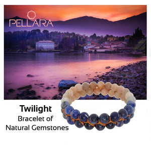 Gemstone bracelet, Twilight by Pellara. Made of Sunstone, Moonstone, Blue Tiger Eye and Sodalite. Birthstone gift for Cancer, Gemini & Pisces zodiacs