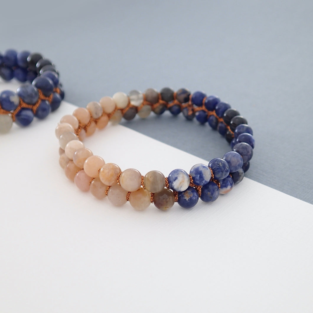 Gemstone bracelet, Twilight by Pellara. Made of Sunstone, Moonstone, Blue Tiger Eye and Sodalite. Birthstone gift for Cancer, Gemini & Pisces zodiacs