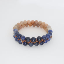 Load image into Gallery viewer, Gemstone bracelet, Twilight by Pellara. Made of Sunstone, Moonstone, Blue Tiger Eye and Sodalite. The Crown, Throat, Sacral and Navel chakras.