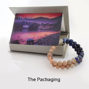 Gift package Gemstone bracelet, Twilight by Pellara. Made of Sunstone, Moonstone, Blue Tiger Eye and Sodalite. Birthstone gift for Cancer, Gemini & Pisces 