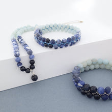 Load image into Gallery viewer,  Blue Jay, Gemstone bracelet by Pellara, made of Amazonite, Sodalite, Blue Tiger eye. Aries, Scorpio, Gemini, Pisces &amp; Leo zodiacs. 