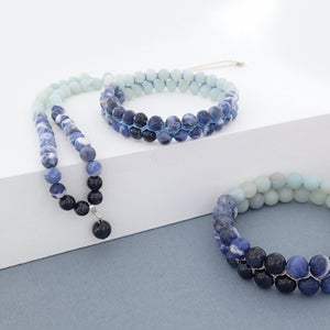  Blue Jay, Gemstone bracelet by Pellara, made of Amazonite, Sodalite, Blue Tiger eye. Aries, Scorpio, Gemini, Pisces & Leo zodiacs. 