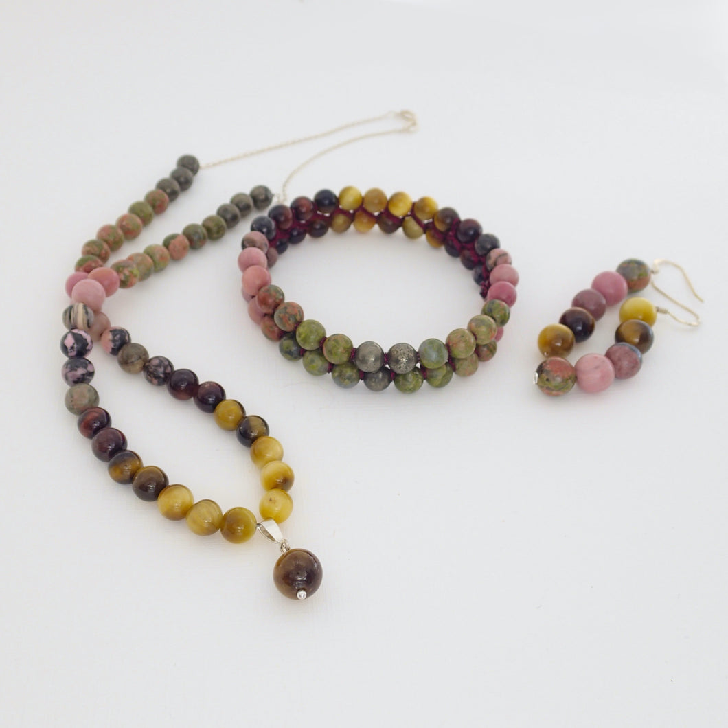 Coral Reef Gemstone jewellery set  by Pellara, made of Tiger Eye, Unakite, Rhodonite and Pyrite . Gemini, Scorpio, Leo, Virgo & Libra zodiacs.