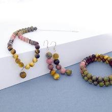 Load image into Gallery viewer, Coral Reef Gemstone jewellery set  by Pellara, shows colour combination of corals, made of Tiger Eye, Unakite, Rhodonite and Pyrite . Gemini, Scorpio, Leo, Virgo &amp; Libra zodiacs. 