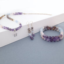 Load image into Gallery viewer, Gemstone Jewellery set, Essence of Memory by Pellara. Made of Silver,  Agate, Amethyst and Beryl, The Crown, Throat and base chakras