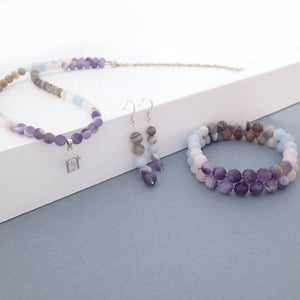 Gemstone Jewellery set, Essence of Memory by Pellara. Made of Silver,  Agate, Amethyst and Beryl, The Crown, Throat and base chakras