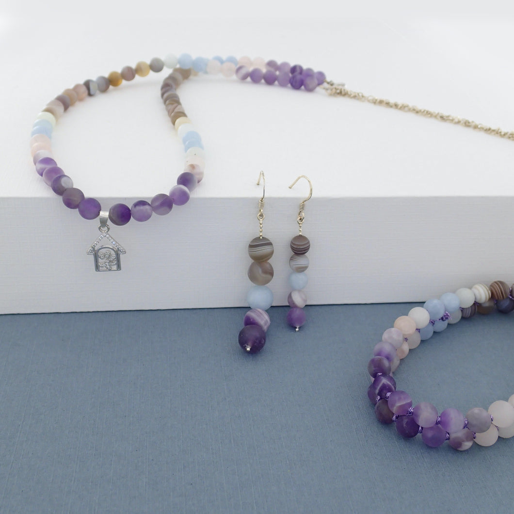Gemstone Jewellery set, Essence of Memory by Pellara. Made of Silver,  Agate, Amethyst and Beryl. Birthstone gift for Aries, Leo, Virgo and Pisces zodiacs