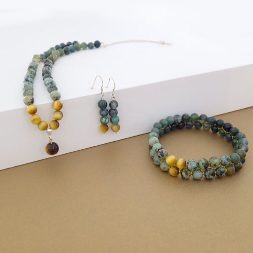 Gemstone jewellery set, Happy prince by Pellara. Made of Agate, Turquoise & Tiger Eye. Birthstone gift for Leo, Virgo, Scorpio & Gemini zodiacs