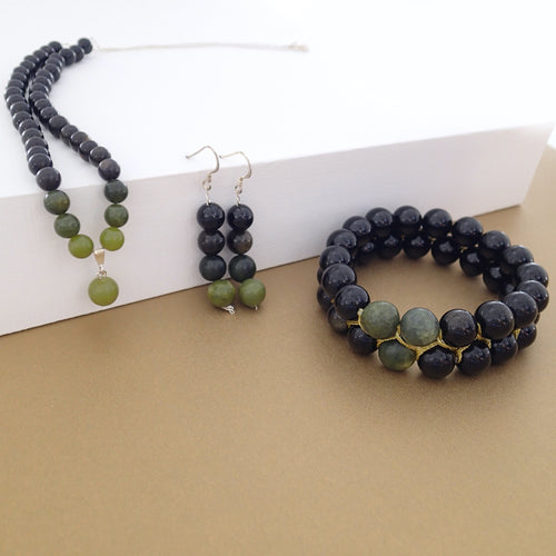 Gemstone jewellery set, Shades of Black by Pellara. Made of Jade, Obsidian, Agate & silver. Birthstone gift for Scorpio, Leo, Virgo, Taurus, Libra & Capricorn zodiacs