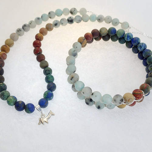 Gemstone Jewellery set, Summer Breeze by Pellara. Made of Silver, Picasso Jasper, Sesame Jasper & Azurite Malachite. 6mm