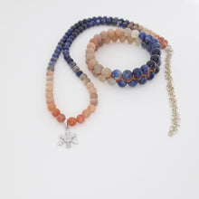 Load image into Gallery viewer, Gemstone jewellery set, Twilight by Pellara. Made of Silver, Sunstone, Moonstone, Blue Tiger Eye and Sodalite, Snowflake pendant