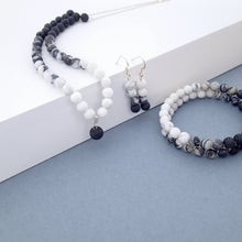 Load image into Gallery viewer, Gemstone Jewellery set by Pellara, Yin &amp; Yang, made of Lava rock, Map Jasper, Black Silk Stone, Rutilated Quartz &amp; Howlite, Aromatherapy necklace 