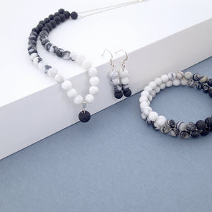 Gemstone Jewellery set by Pellara, Yin & Yang, made of Lava rock, Map Jasper, Black Silk Stone, Rutilated Quartz & Howlite, Aromatherapy necklace 