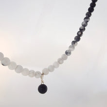 Load image into Gallery viewer, Gemstone Jewellery set by Pellara, Yin &amp; Yang, made of Lava rock, Map Jasper, Black Silk Stone, Rutilated Quartz &amp; Howlite, Aromatherapy necklace