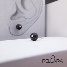 Load image into Gallery viewer, Sterling silver natural gemstone stud earrings contains a sparkling piece of Cubic Zirconia. Very light and hypo-allergenic, 6mm or 8mm beads. Obsidian Family
