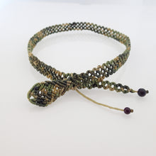 Load image into Gallery viewer, Cute baby snakes in modern macrame bracelet or choker, by Pellara, designed and made in Canada. Adjustable. Gift for nature lovers. green viper