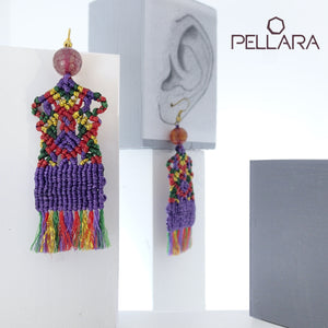 Traditional rug macrame earrings, Handmade in Canada, Drop earrings, Colour variation, Base alloy hooks, Purple