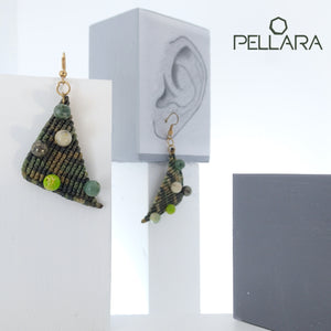 Triangle macrame earrings, Handmade in Canada, Drop earrings, Colour variation, Natural gemstones, Base alloy hooks, Camuflage Green