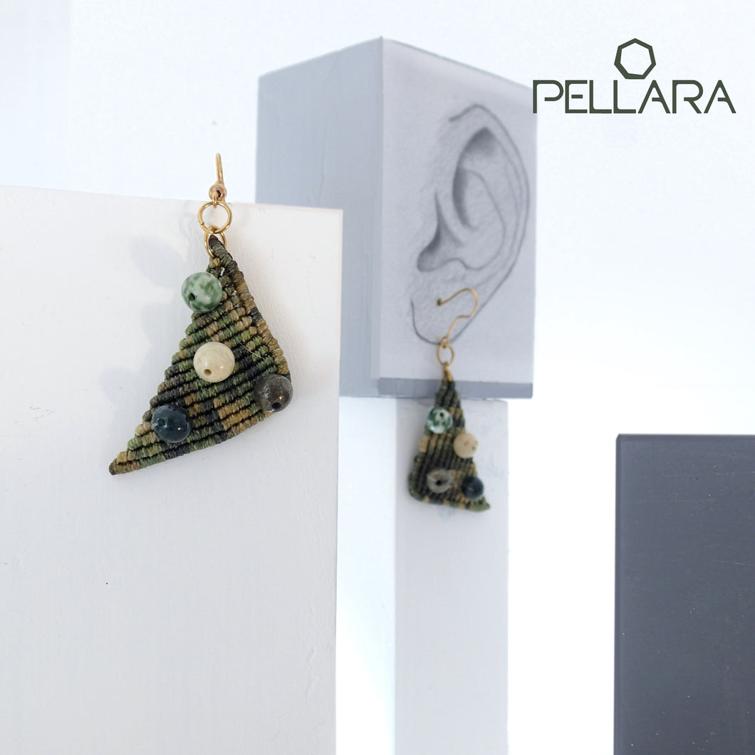 Triangle macrame earrings, Handmade in Canada, Drop earrings, Colour variation, Natural gemstones, Base alloy hooks, Camuflage Green