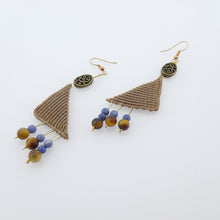 Load image into Gallery viewer, Triangle macrame earrings, Handmade in Canada, Drop earrings, Colour variation, Natural gemstones, Base alloy hooks,  Khaki
