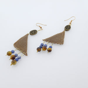 Triangle macrame earrings, Handmade in Canada, Drop earrings, Colour variation, Natural gemstones, Base alloy hooks,  Khaki