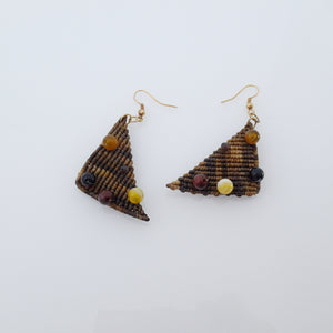 Triangle macrame earrings, Handmade in Canada, Drop earrings, Colour variation, Natural gemstones, Base alloy hooks, Camuflage Brown
