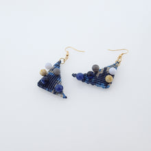 Load image into Gallery viewer, Triangle macrame earrings, Handmade in Canada, Drop earrings, Colour variation, Natural gemstones, Base alloy hooks, Camuflage Blue