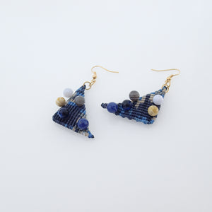 Triangle macrame earrings, Handmade in Canada, Drop earrings, Colour variation, Natural gemstones, Base alloy hooks, Camuflage Blue
