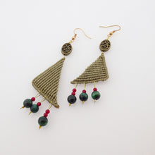 Load image into Gallery viewer, Triangle macrame earrings, Handmade in Canada, Drop earrings, Colour variation, Natural gemstones, Base alloy hooks, Dark Khaki
