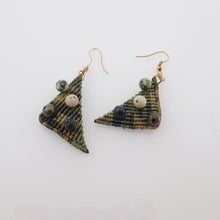 Load image into Gallery viewer, Triangle macrame earrings, Handmade in Canada, Drop earrings, Colour variation, Natural gemstones, Base alloy hooks, Camuflage Green