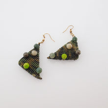 Load image into Gallery viewer, Triangle macrame earrings, Handmade in Canada, Drop earrings, Colour variation, Natural gemstones, Base alloy hooks, Camuflage Green